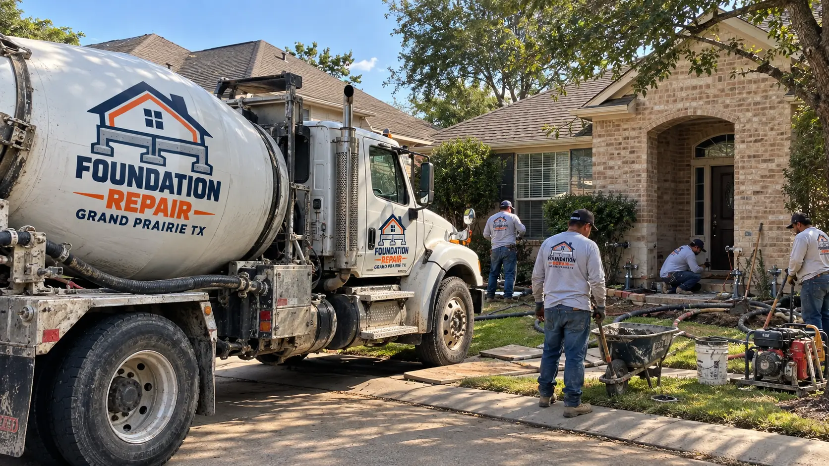Foundation Repair Grand Prairie TX crew and branded truck working at a residential home