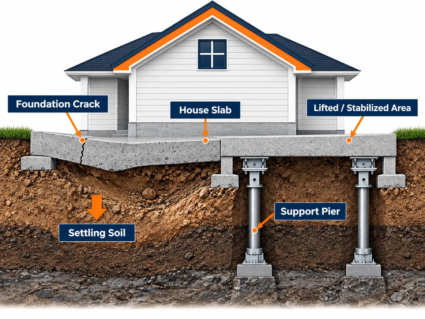 Diagram of a house slab showing foundation crack, settling soil, support piers and a lifted stabilized area